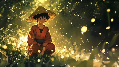 Forest fireflies crown a quiet wanderer in straw and red