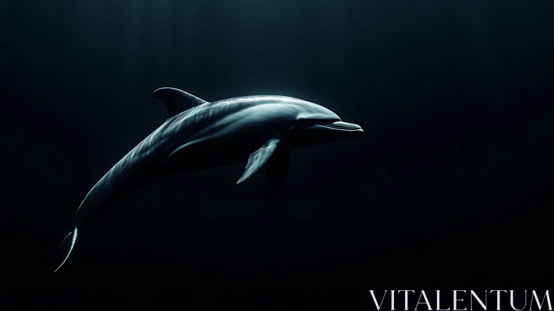 Solitary dolphin glides through dark underwater void.