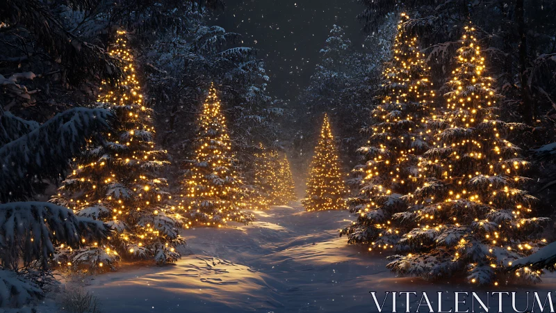Snow covered forest path with illuminated fir trees at night.