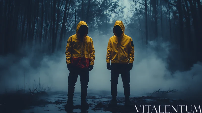 Nocturnal twin silhouettes in fog-dense conifer forestscape.