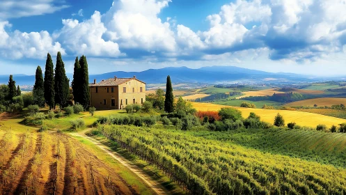 Tuscan farmhouse anchors sunlit vineyards under cumulus sky