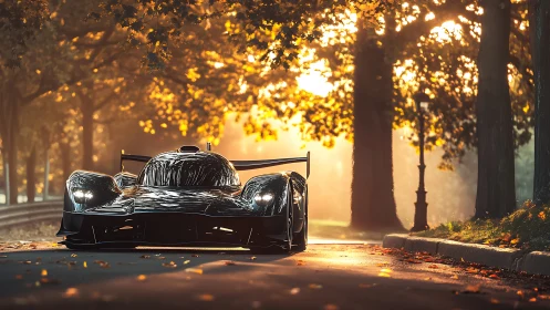 Sleek racing car glides through golden autumn park light