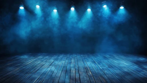 Empty blue stage under dramatic spotlights and haze.