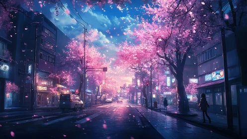 Urban street at dusk with illuminated cherry blossoms.