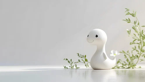 Minimalist cute white dinosaur figurine with flower and greenery.