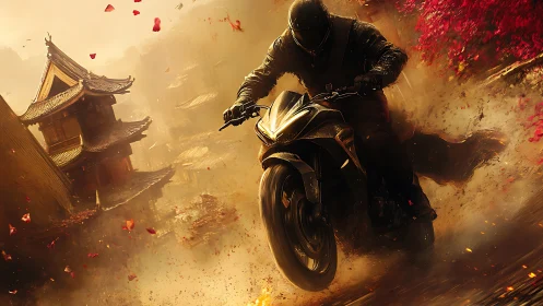 Motorcyclist charges through fiery dust beside ancient temple