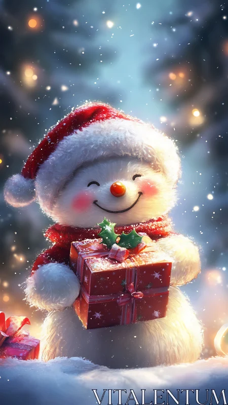 Smiling snowman holds red Christmas gift in soft snowfall