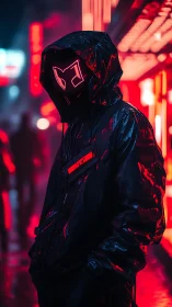 Hooded figure in neon city with glowing mask at night.