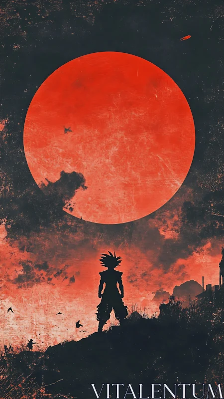 Silhouetted warrior under large red textured sun.