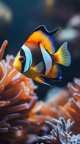Clownfish drifts through coral lanterns in liquid sunset.