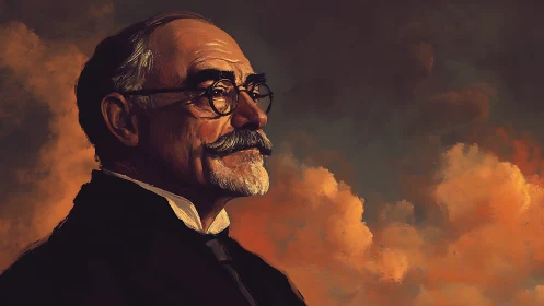 Elderly gentleman gazes into a glowing, stormy sunset sky