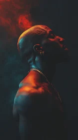 Profile portrait glows under red blue cinematic rim light.