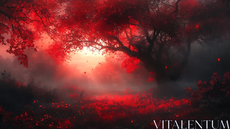 Digital painting of crimson forest glade with dramatic backlight.