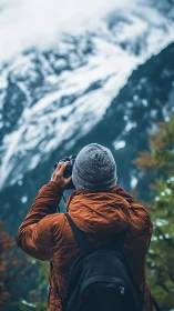 Mountain photographer in rust parka framing snowy ridgeline.