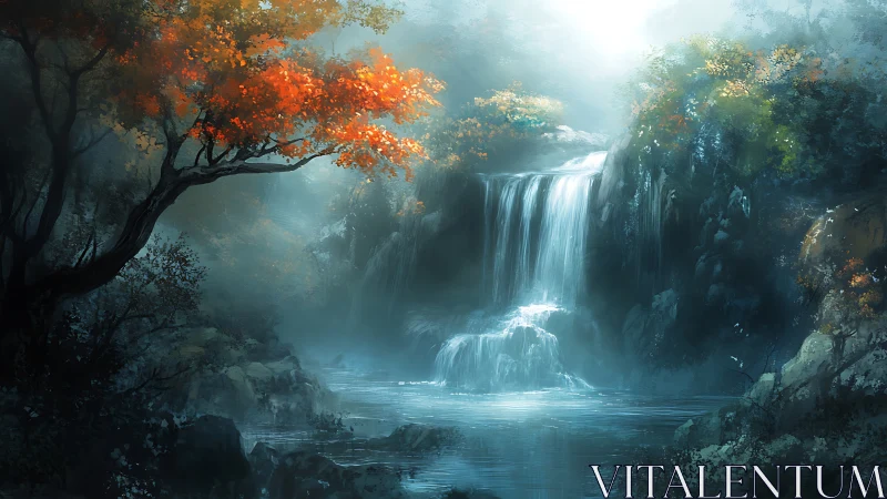 Misty forest waterfall with autumn foliage and still pool.