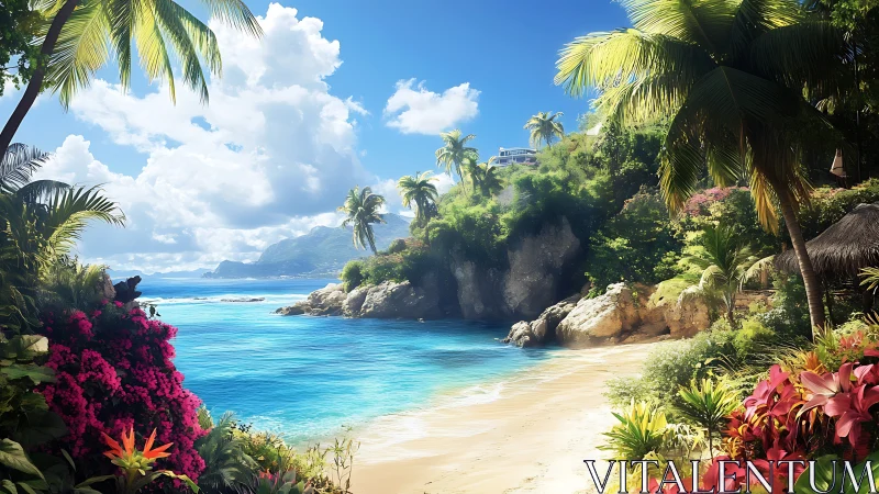 Tropical Paradise Cove With Vibrant Flowers and Pristine Waters