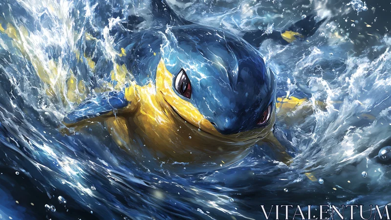 Blue and yellow aquatic creature surging through waves.