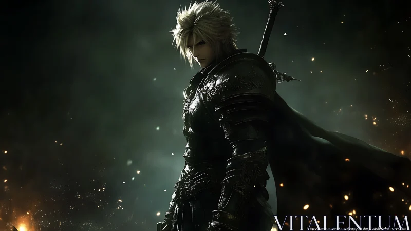 Armored swordsman emerging from chiaroscuro haze in battle-ready stance