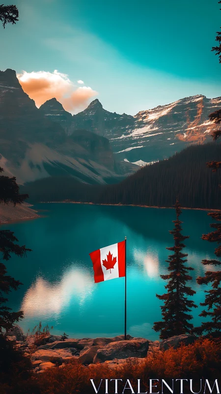 Canadian flag by turquoise mountain lake at sunset.