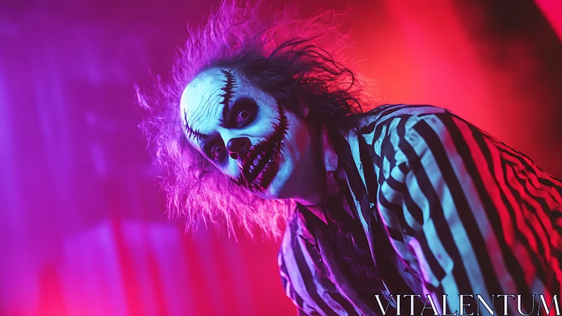 Striped-costume character with skull makeup under colored lights.