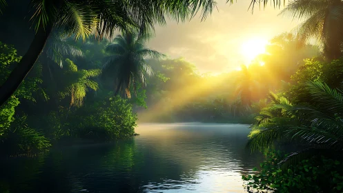 Sunlit tropical river curves through dense green rainforest