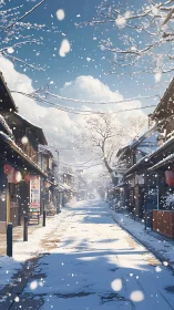 Snow-covered Japanese street rendered with high-depth perspective
