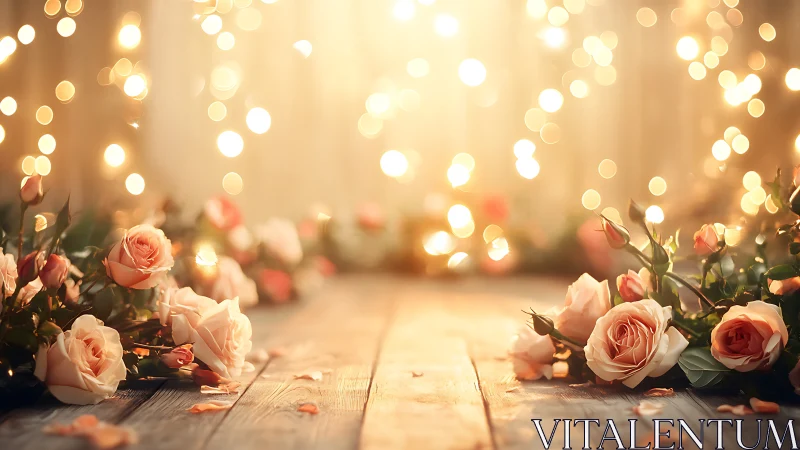 Pink Roses on Wooden Surface with Warm Bokeh Lights.