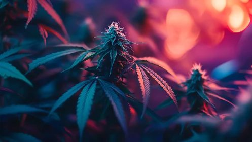 Cyberpunk macro study of cannabis inflorescence under bokeh light.