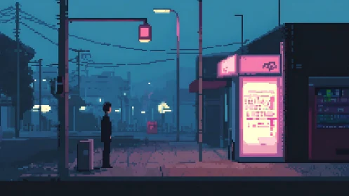 Nocturnal pixel street scene with neon-lit urban kiosk.
