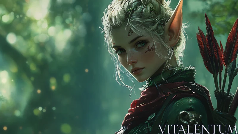 Elven archer in sunlit forest glade with quiet, watchful grace.
