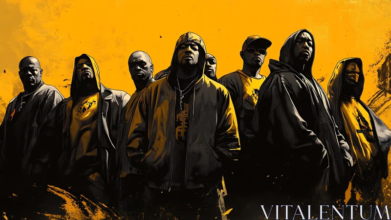 Urban hip hop crew stands under bold yellow backdrop