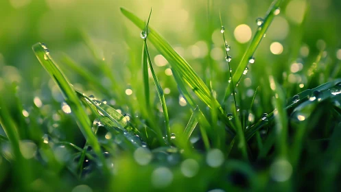 Dew covered grass blades in soft morning backlight.