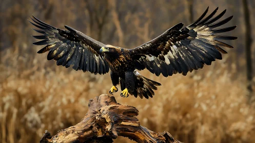 Majestic Golden Eagle Landing on Log in Natural Autumn Setting.