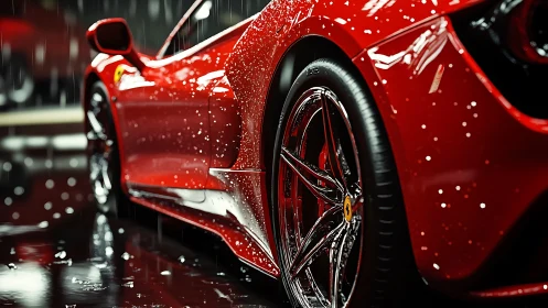 Red supercar glistens with raindrops on polished bodywork.