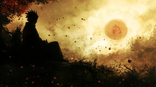 Solitary dusk watcher trades shadows for a burning sky