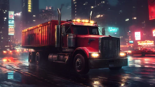 Midnight crimson semi storms through neon city rainstorm.