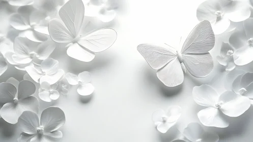 Paper butterflies drifting through whisper-soft white blossoms.