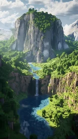 Voxel canyon waterfall with monolithic plateau and river basin