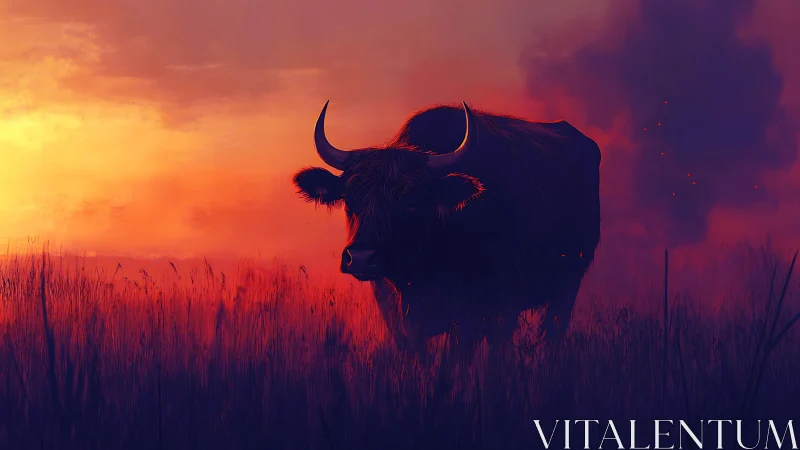 Silhouetted bison stands in burning dusk prairie haze