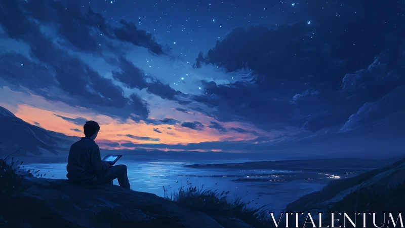 Solitary digital observer under twilight coastal starfield