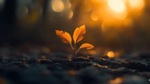 Young plant sprout glowing in warm sunrise light, macro nature photo.