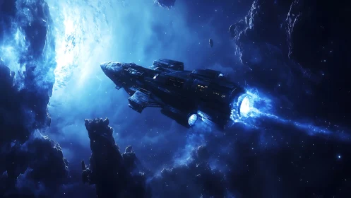 Starship glides toward a glowing cosmic storm in deep space