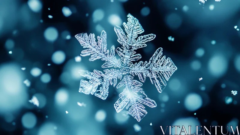 Macro crystalline snowflake under shallow depth of field focus.
