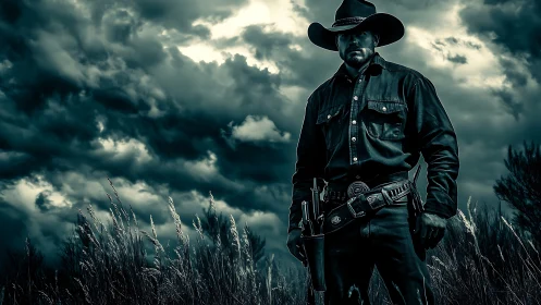 Low-angle armed cowboy in storm-lit grassland under dramatic clouds