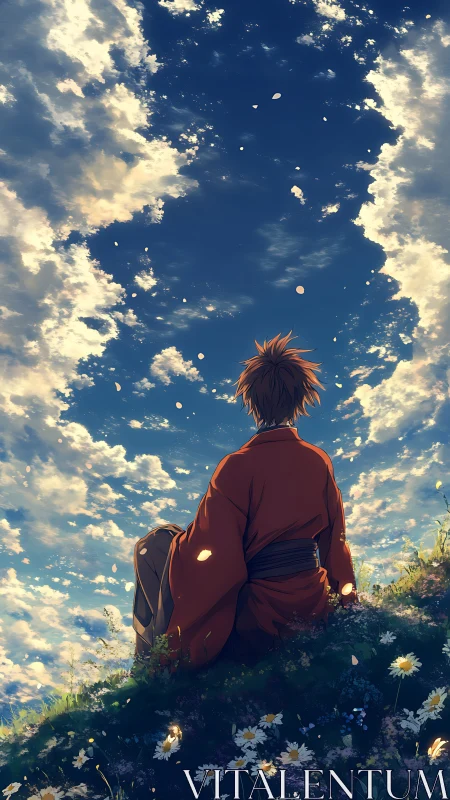 Samurai meditates under vast twilight sky on wildflower hill.