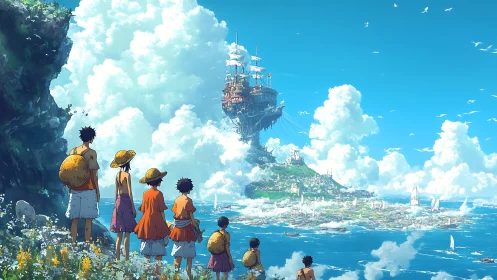 Young travelers gaze toward a floating sky harbor over sea