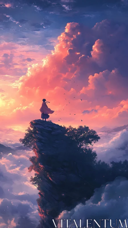 Solitary figure on cliff above clouds at vivid sunset sky.
