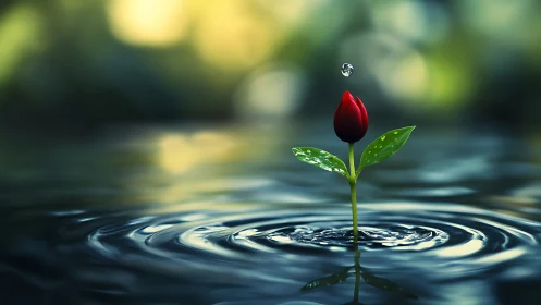 Red flower bud rises from calm water with falling droplet