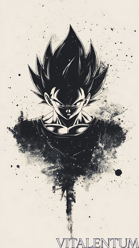 Monochrome ink portrait shows intense spiky haired warrior