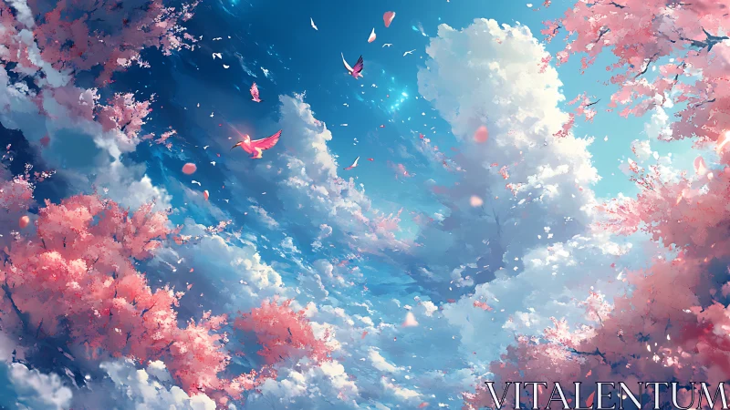 Celestial spring sky with cherry blossoms and luminous birds